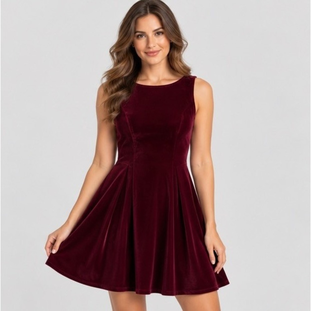 Womens Maroon Velvet Sleeveless Fit & Flare Midi Dress Bow Back Romantic Holiday